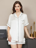 SilkSilky-DE Reine Seide Kurzärmelig Revers Damen Pyjamas Weiß 001