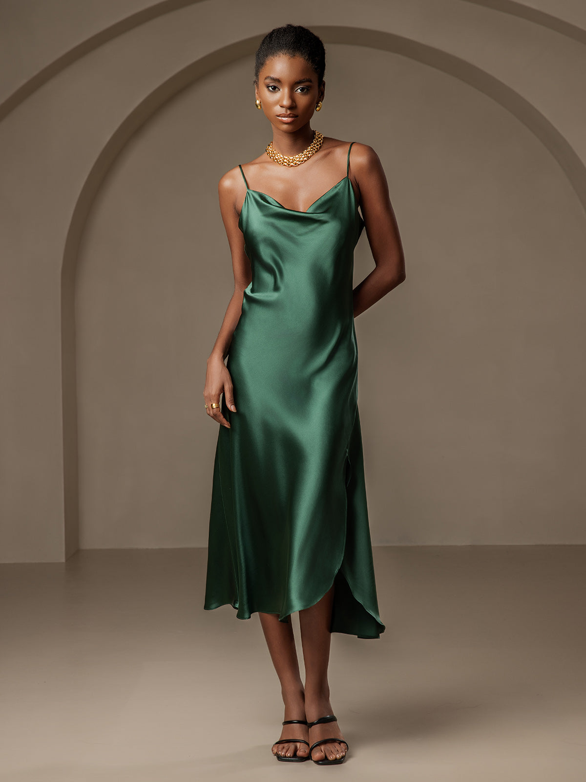 [Dunkelgrün] SilkSilky-DE 19Momme Reine Seide Dress 001