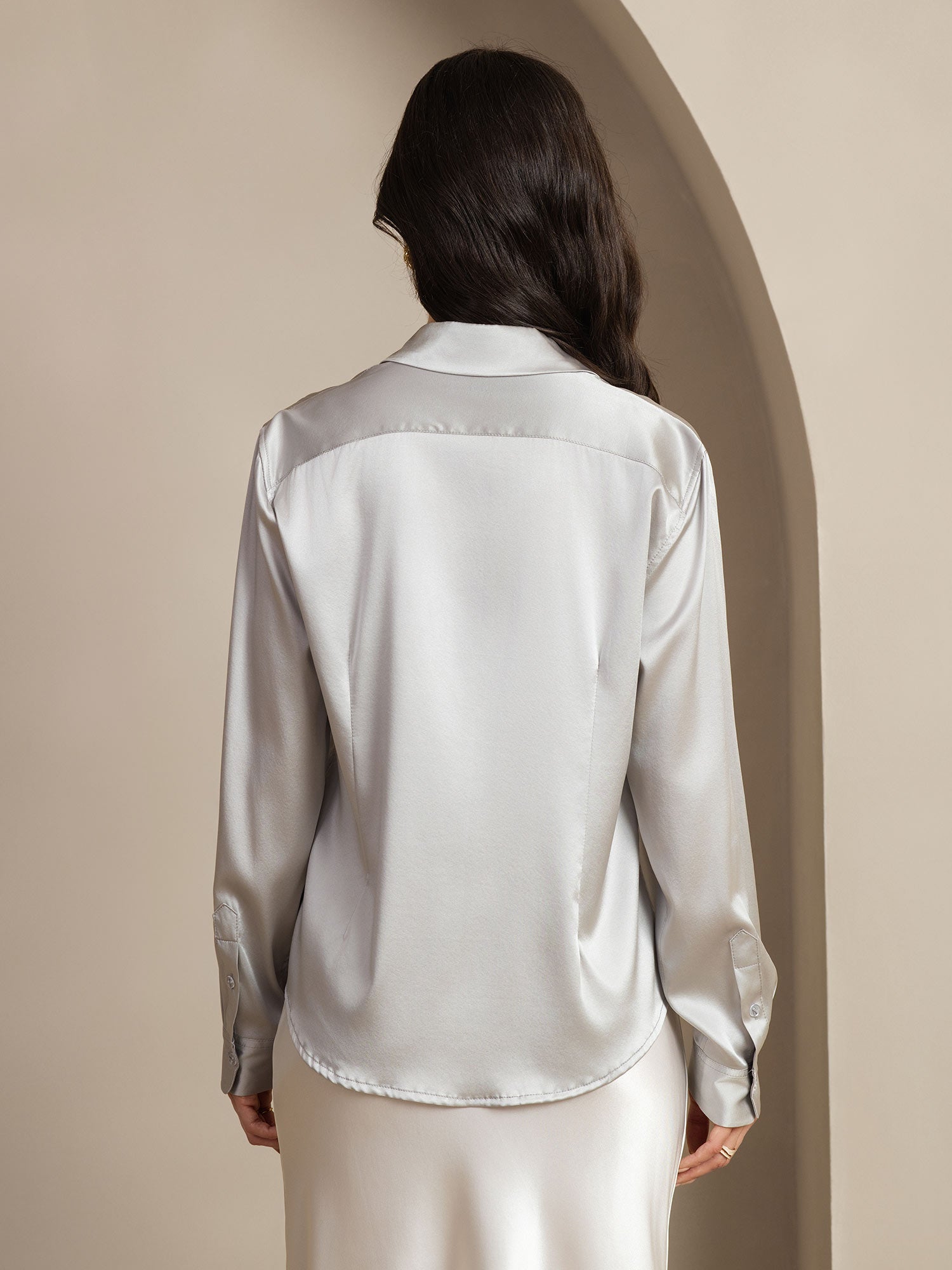 [Hellgrau] SilkSilky-DE Seide Langärmelig Umlegekragen Damenhemd 002