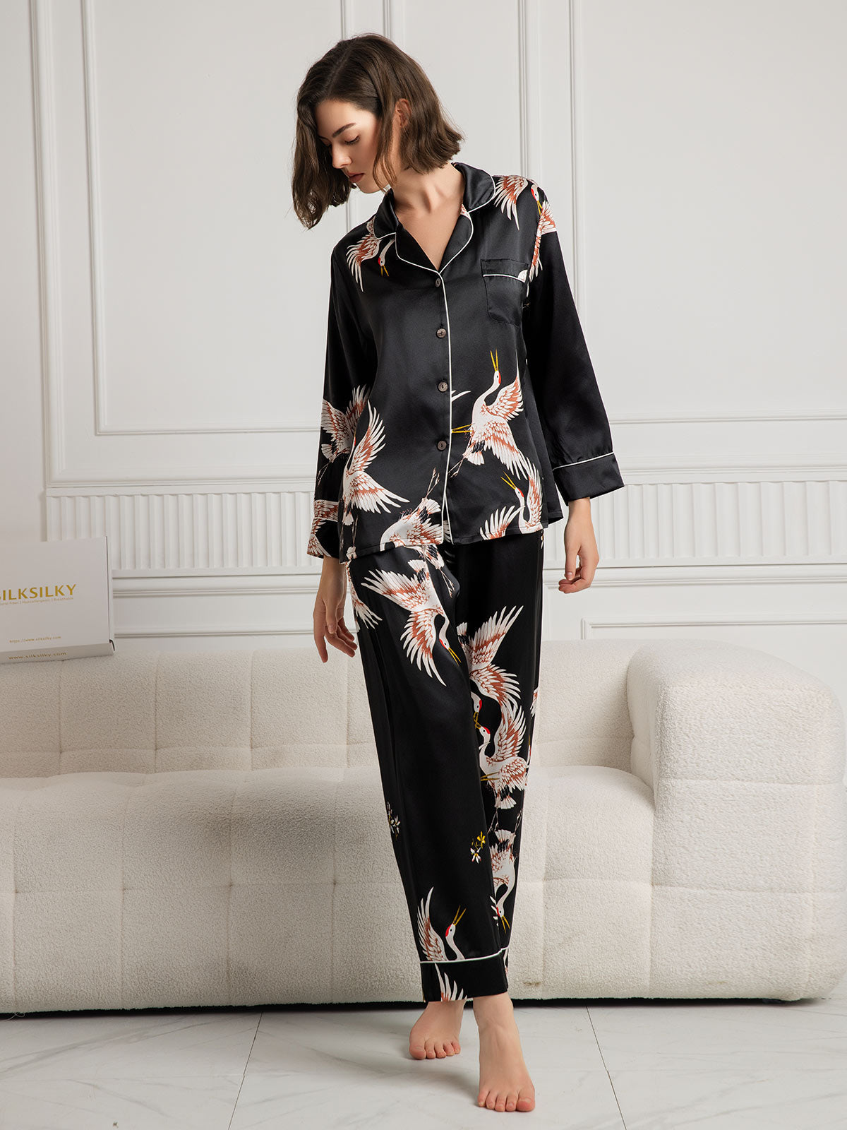 [Schwarz] SilkSilky-DE 19Momme Reine Seide Womens Pajamas 004