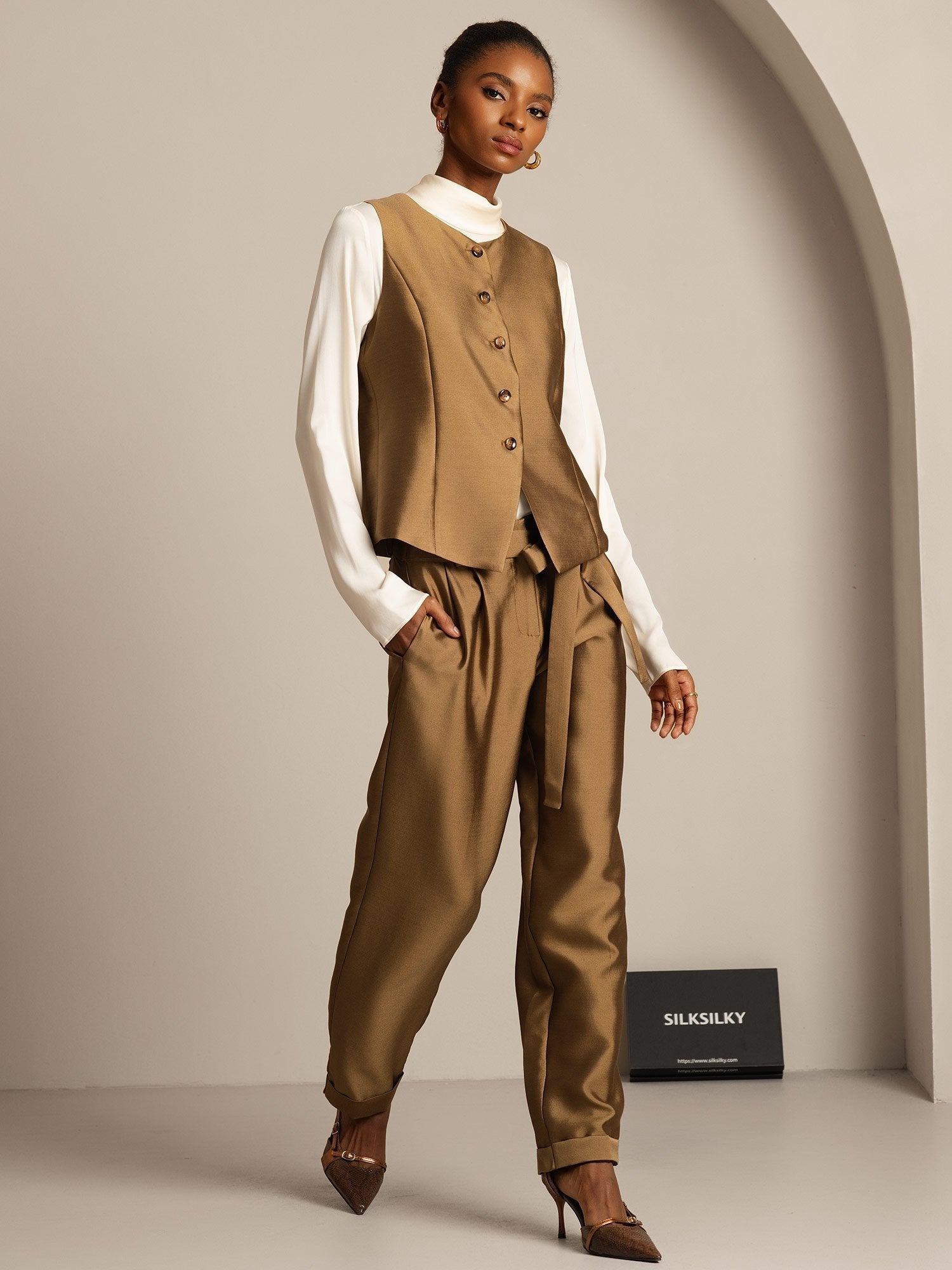 [Bronze] SilkSilky-DE 32Momme Silk-Wool Blend Womens Vest 007,