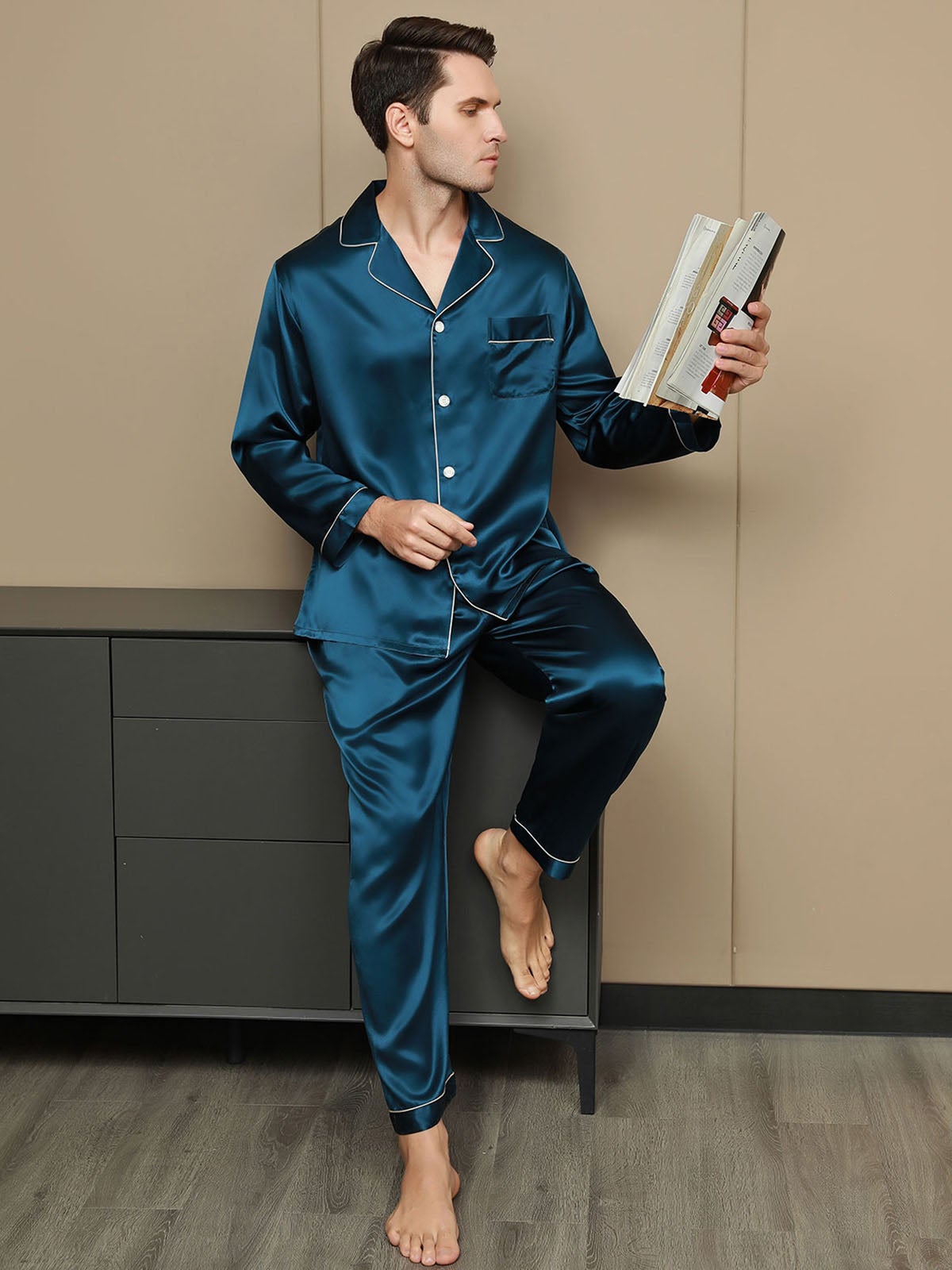 [König Blau] SilkSilky-DE 19Momme Reine Seide Mens Pajamas 003