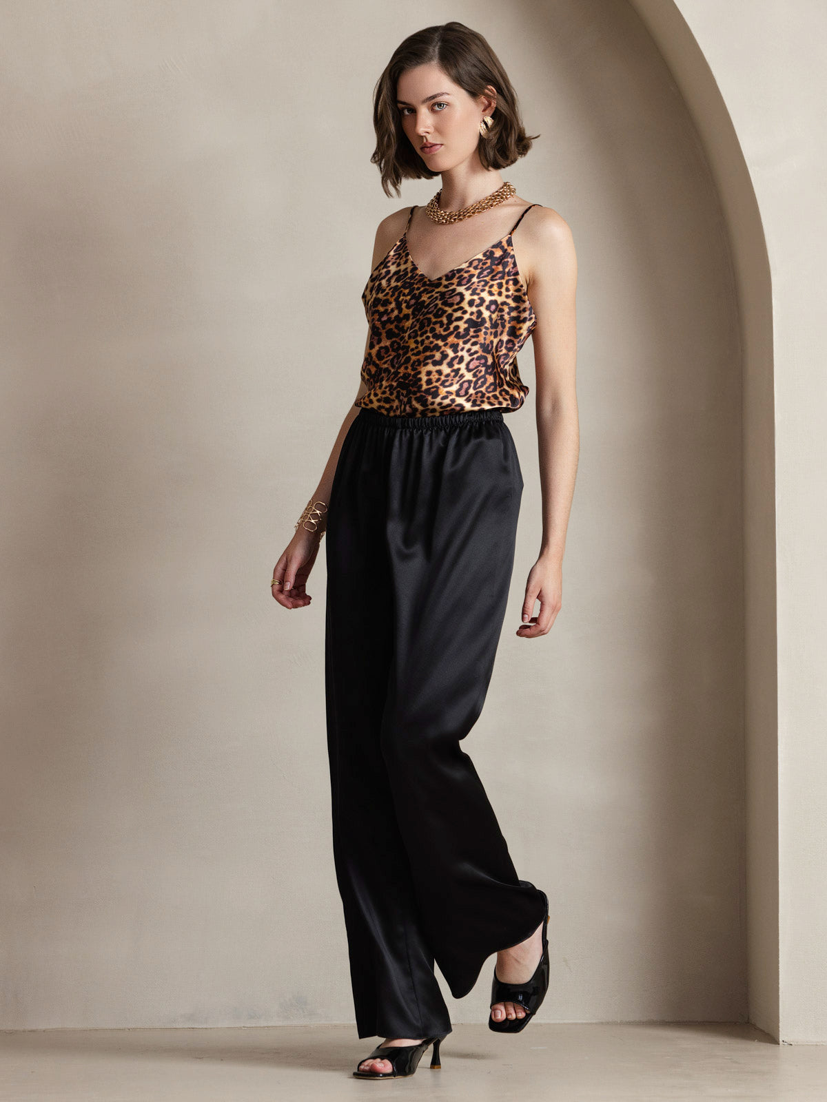 [Leopard] SilkSilky-DE Reine Seide V Ausschnitt Cami Top 004