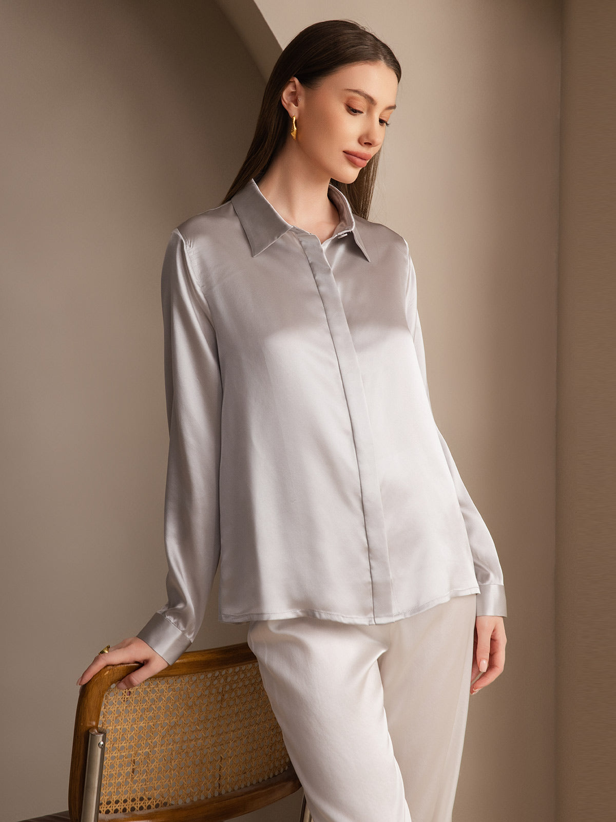 [Hellgrau] SilkSilky-DE 19Momme Seide Lapel Collar Damenhemd 007
