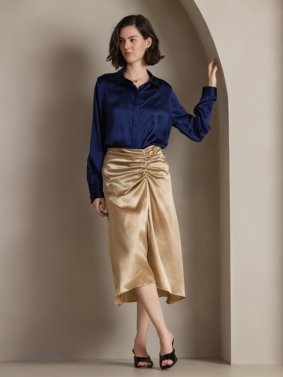 [Dunkelblau] SilkSilky-DE 19Momme Seide Lapel Collar Damenhemd 001