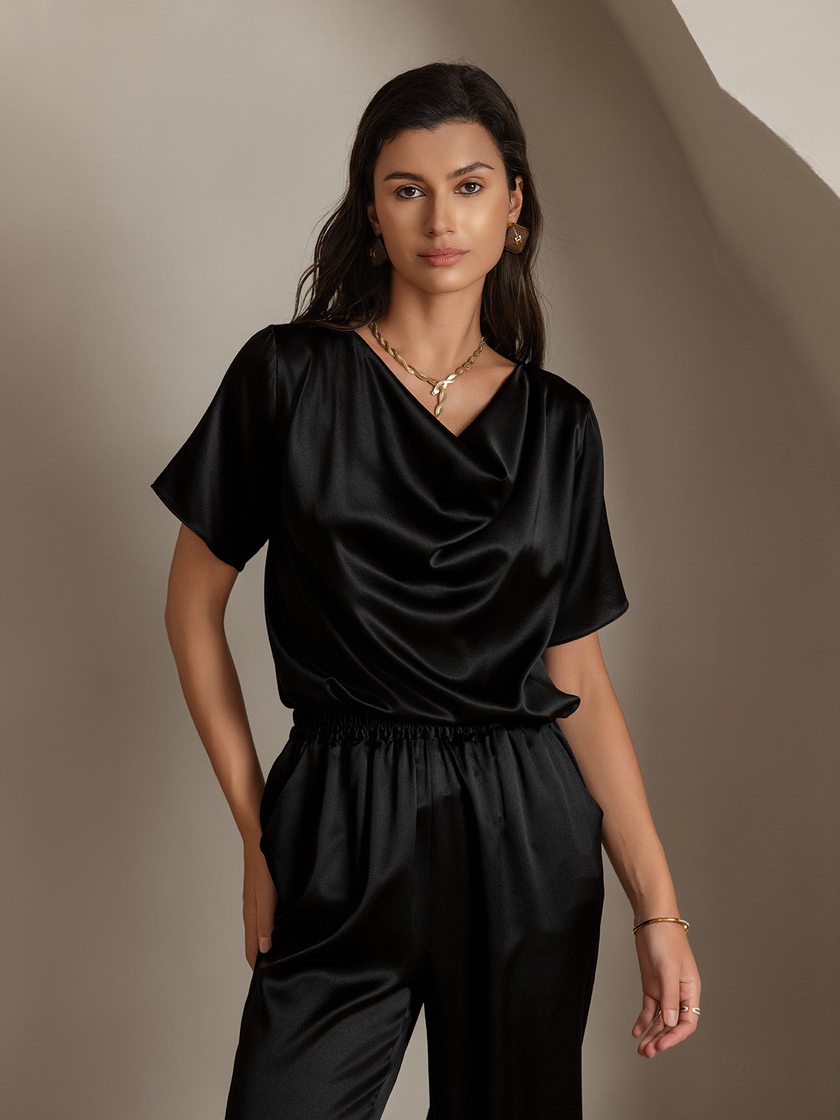 [Schwarz] SilkSilky-DE 19Momme Seide Womens T-Shirt 001