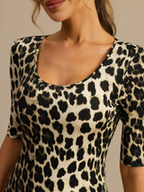 [Leopard] SilkSilky-DE Halblange Ärmel Tiefer Rundhalsausschnitt T-Shirt 006