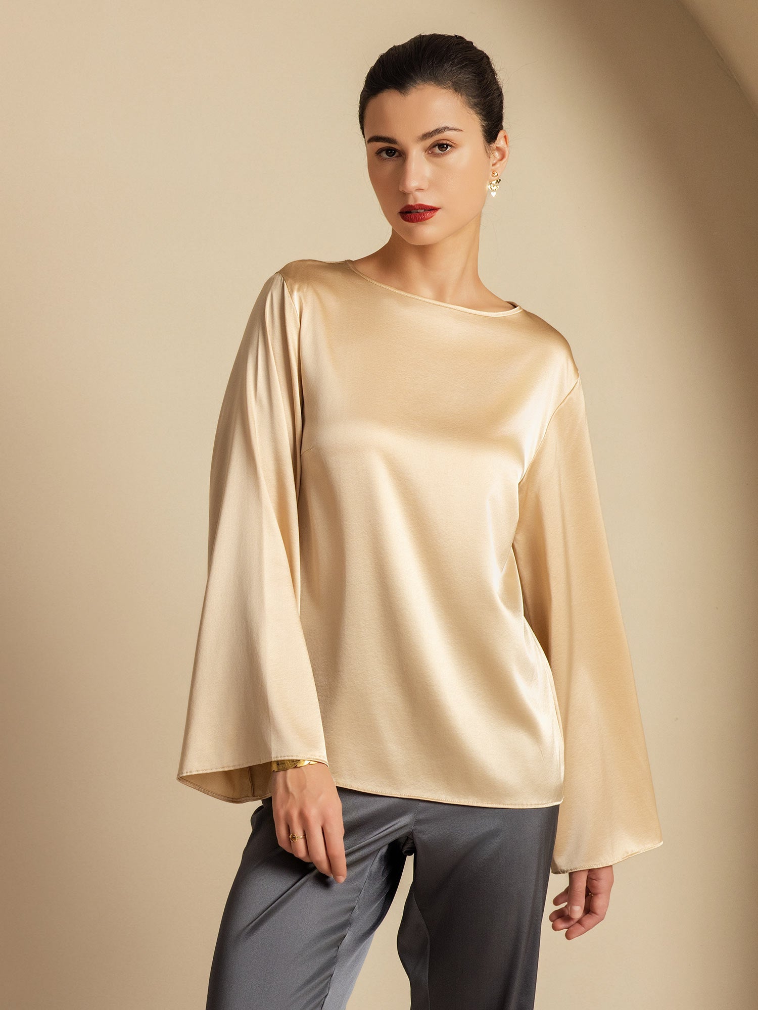 [Champagner] SilkSilky-DE 19Momme Seide Womens T-Shirt 006