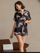[Schwarz] SilkSilky-DE Short Sleeve Notch-Kragen Damen Pyjamas 005