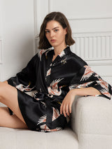 [Schwarz] SilkSilky-DE 19Momme 3/4-lange Ärmel Damen Morgenmantel 003