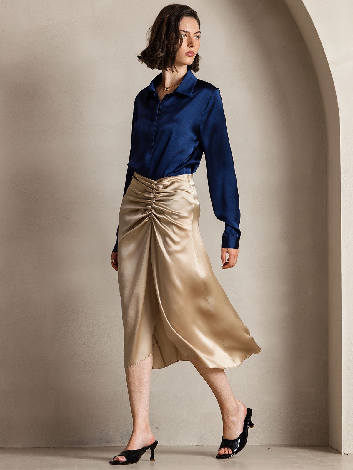 [Dunkelblau] SilkSilky-DE 19Momme Seide Langärmelig Umlegekragen Damenhemd 006