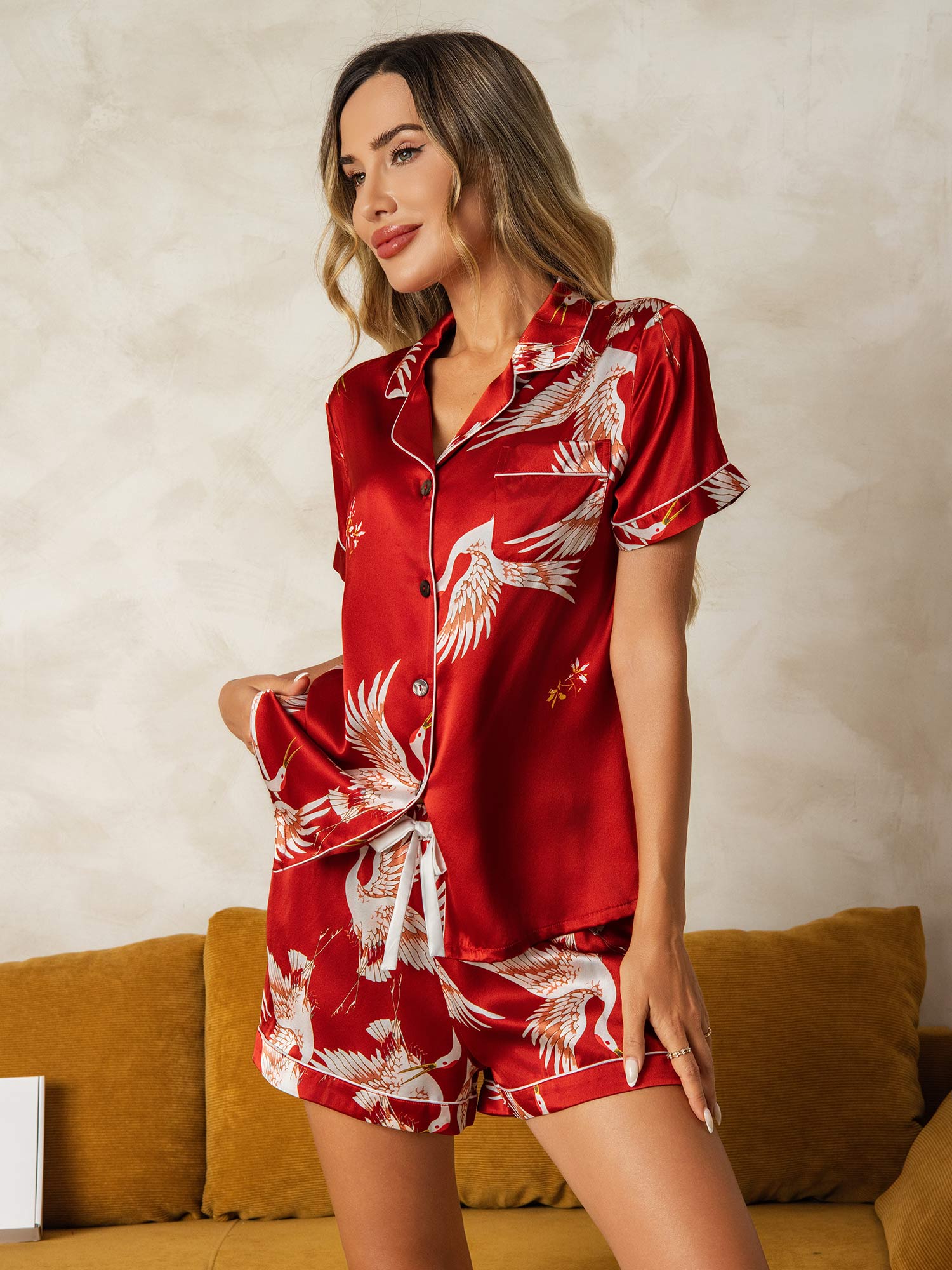 [Dunkelrot] SilkSilky-DE 19Momme Reine Seide Kurzärmelig Womens Pajamas 005