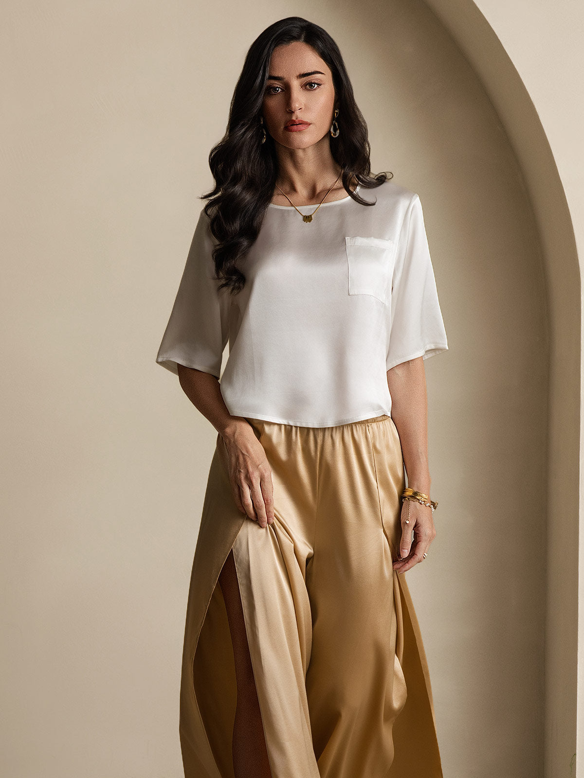 [Weiß] SilkSilky-DE Reine Seide Womens T-Shirt 007