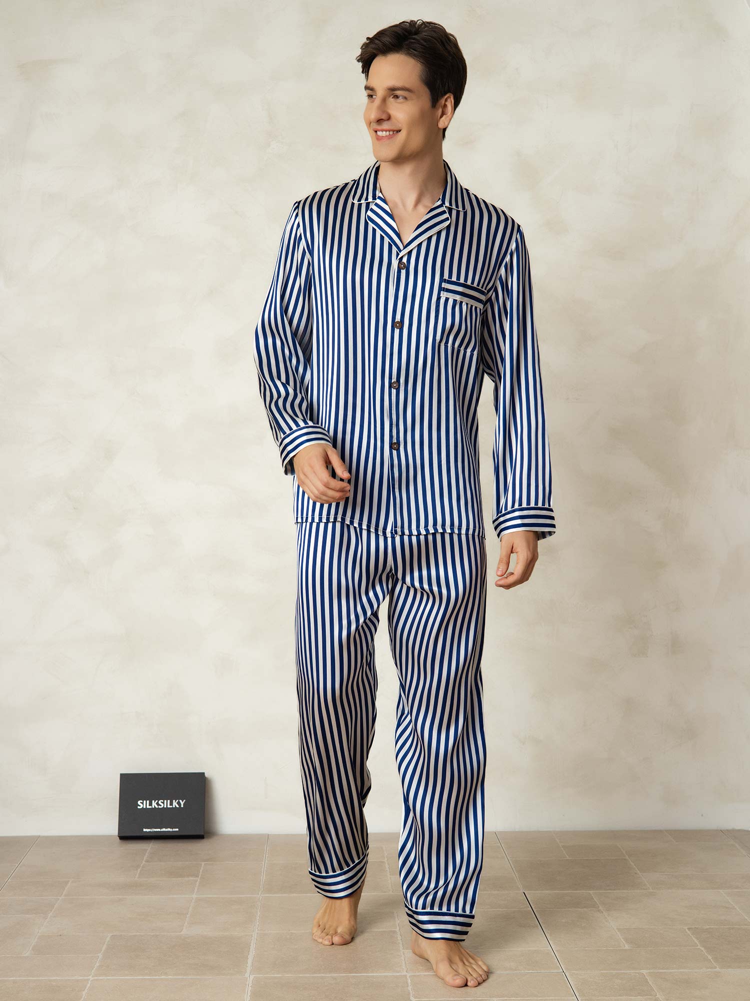 [Marine Streifen] SilkSilky-DE 19Momme Reine Seide Mens Pajamas 001