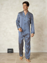 [Marine Streifen] SilkSilky-DE 19Momme Reine Seide Mens Pajamas 001,