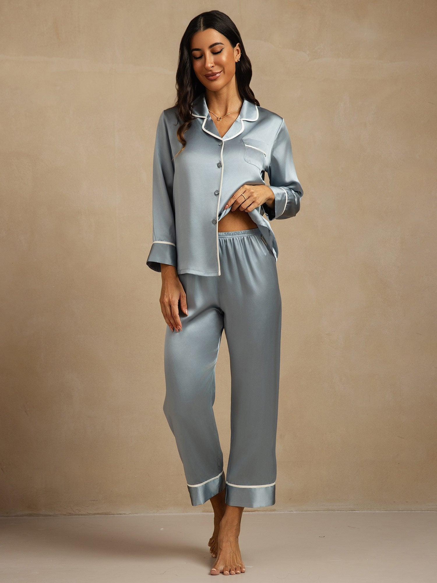 [Graublau] SilkSilky-DE Reine Seide Umlegekragen Damen Pyjamas 001
