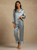 [Graublau] SilkSilky-DE Langärmelig Notch-Kragen Damen Pyjamas 001
