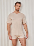 SilkSilky-DE Seidenstrick Kurzärmelig Rundkragen Herren T-Shirt Beige 004