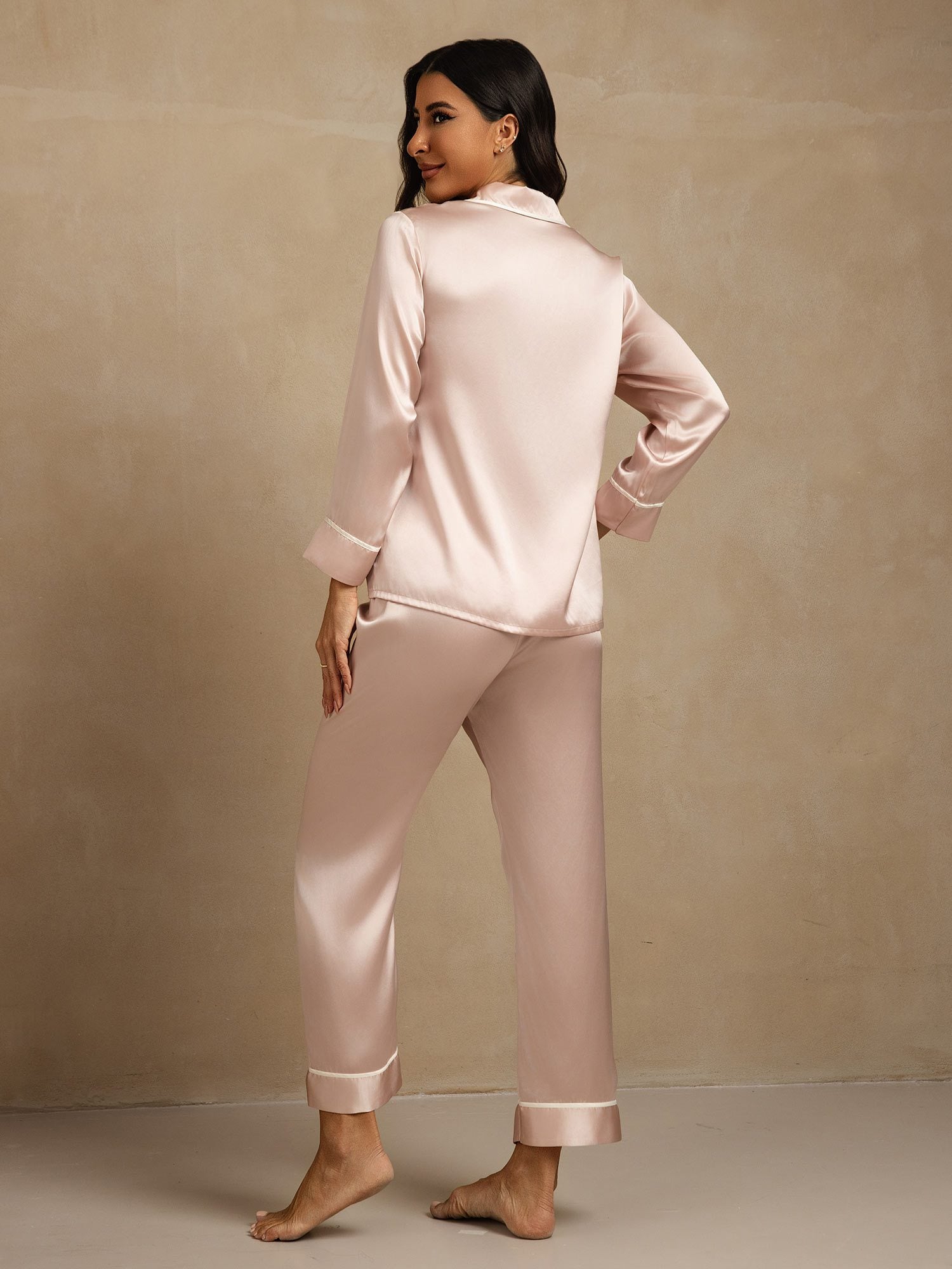 [Rosa] SilkSilky-DE Reine Seide Umlegekragen Damen Pyjamas 002