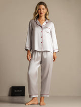 [Silber] SilkSilky-DE Langärmelig Notch-Kragen Damen Pyjamas 001