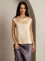 [Champagner] SilkSilky-DE 19Momme Kappenärmel Rundhalsausschnitt T-Shirt 001