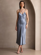 [Graublau] SilkSilky-DE Sleeveless V Neck Kleider 005