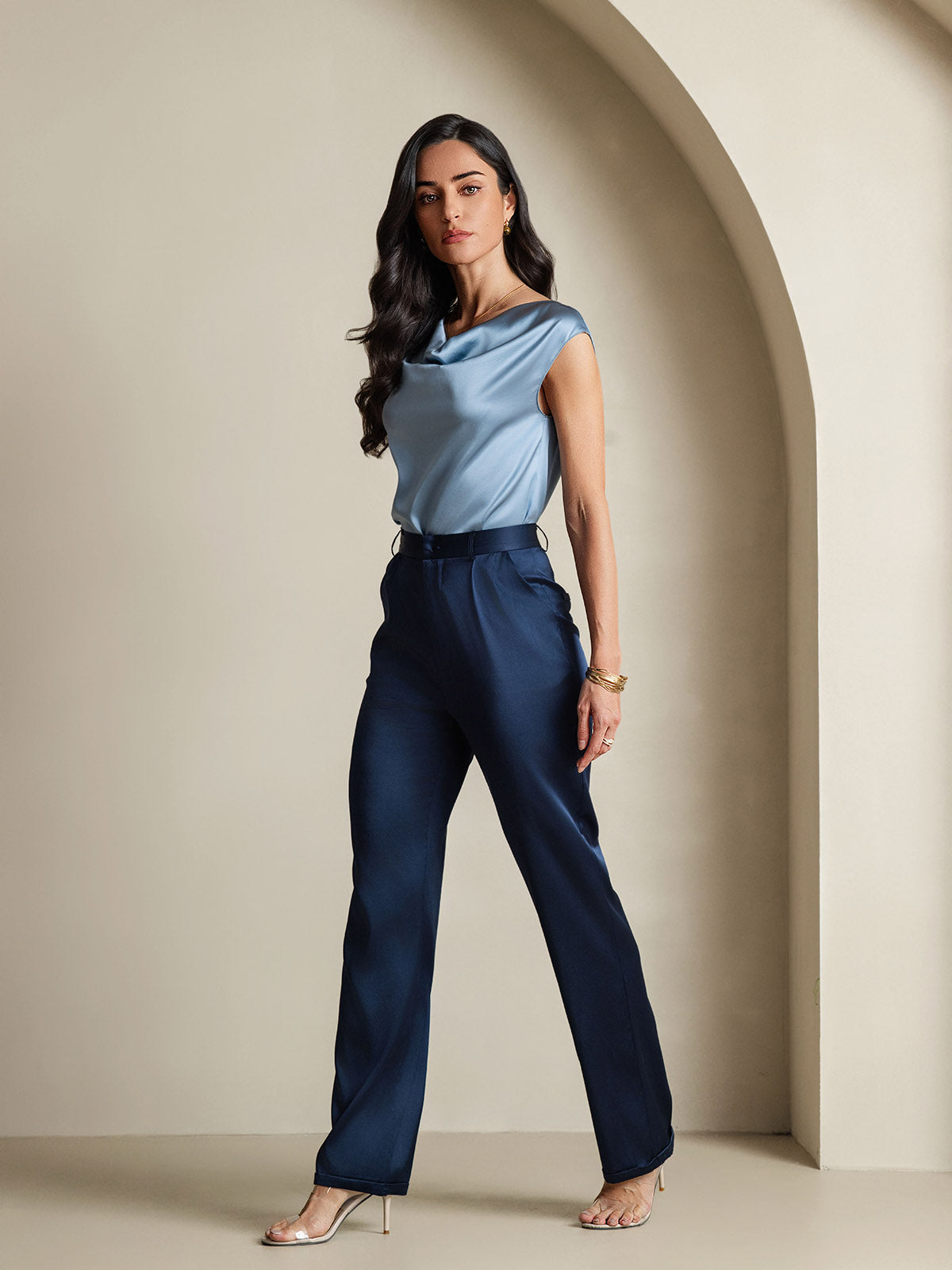 [Graublau] SilkSilky-DE 19Momme Kappenärmel Wasserfallausschnitt T-Shirt 008