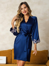 [Dunkelblau] SilkSilky-DE 3/4 Sleeve Damen Morgenmantel 001