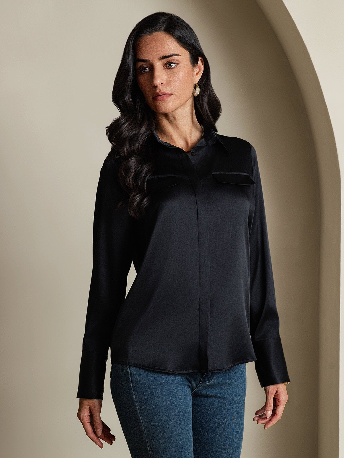SilkSilky-DE 19Momme Seide Langärmelig Umlegekragen Damenhemd Schwarz 006