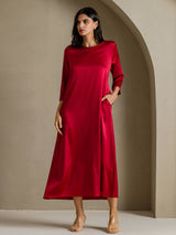 [Rotwein] SilkSilky-DE 3/4 Sleeve Round Neck Kleider 001