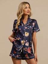 [Marine Blumen] SilkSilky-DE Kurzärmelig Notch-Kragen Damen Pyjamas 006