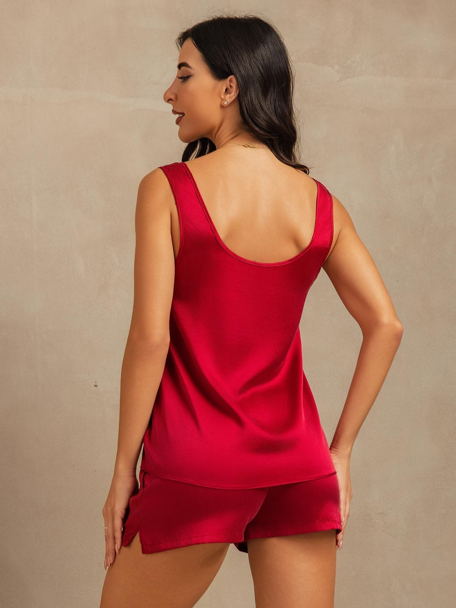 [Rotwein] SilkSilky-DE 19Momme Seide U Ausschnitt Damen Pyjamas 002