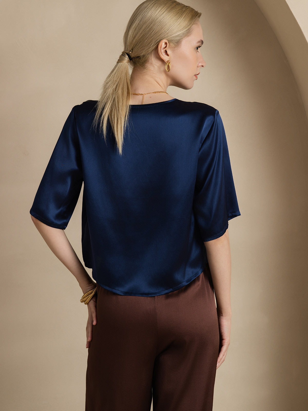 [Dunkelblau] SilkSilky-DE Reine Seide Womens T-Shirt 002