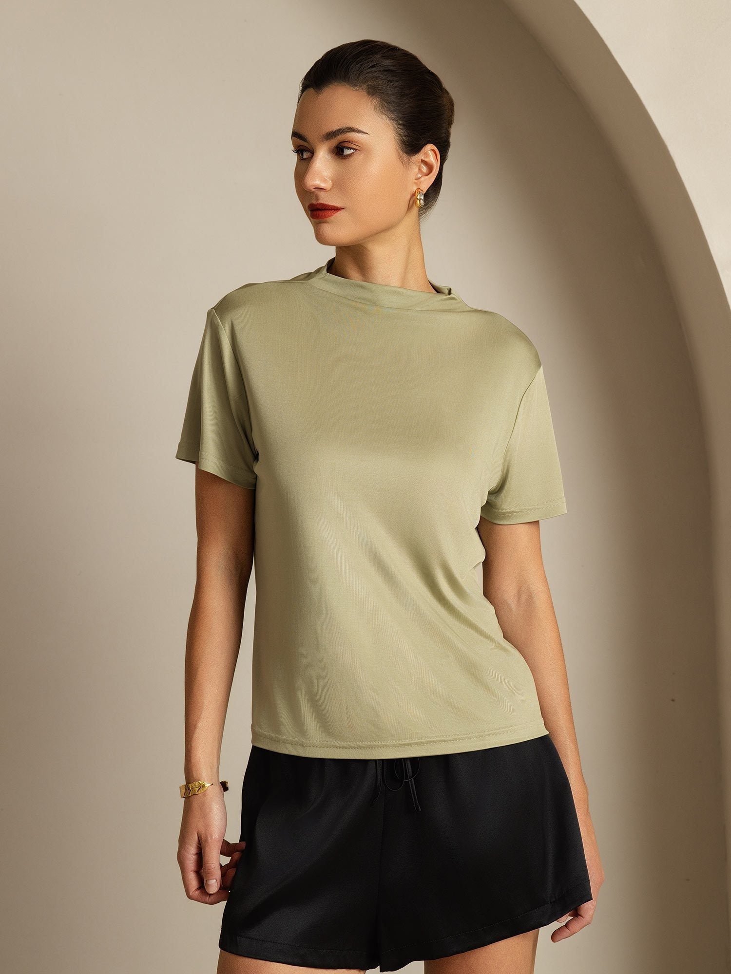 [Getrocknetes Kraut] SilkSilky-DE Reine Seide Umlegekragen T-Shirt 001
