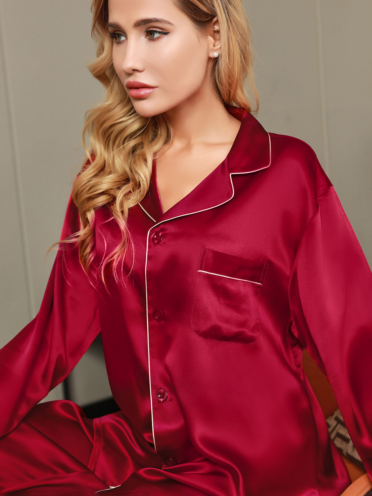 [Rotwein] SilkSilky-DE Reine Seide Womens Pajamas 009