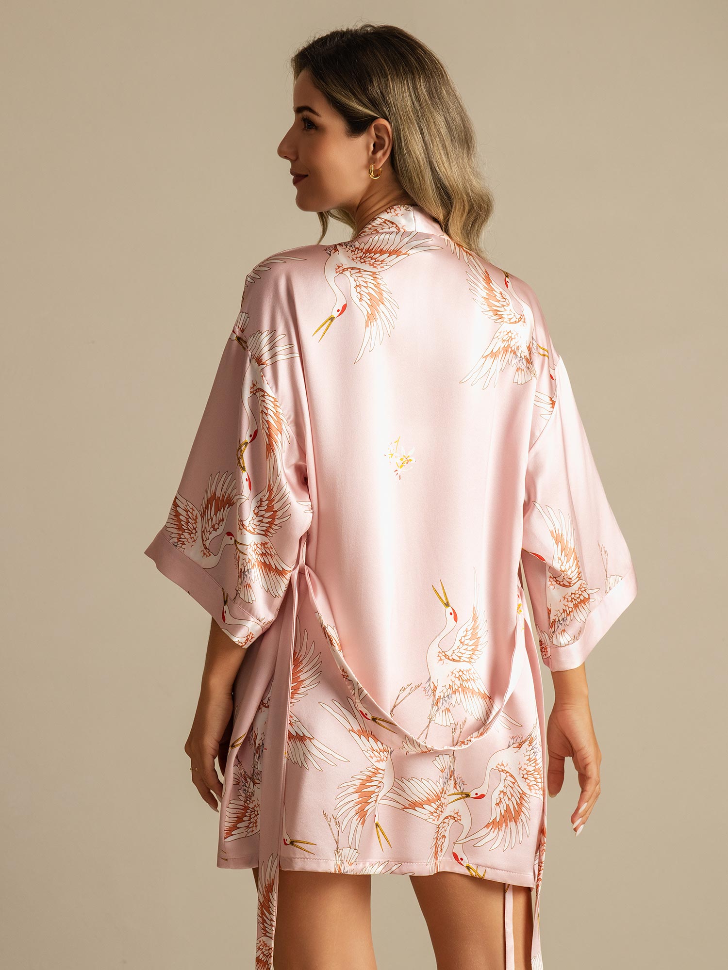 [Rosa] SilkSilky-DE 19Momme 3/4-lange Ärmel Damen Morgenmantel 002