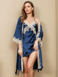 SilkSilky DE Reine Seide 3/4 lange Ärmel Nightgown&Robe Set Blau 005