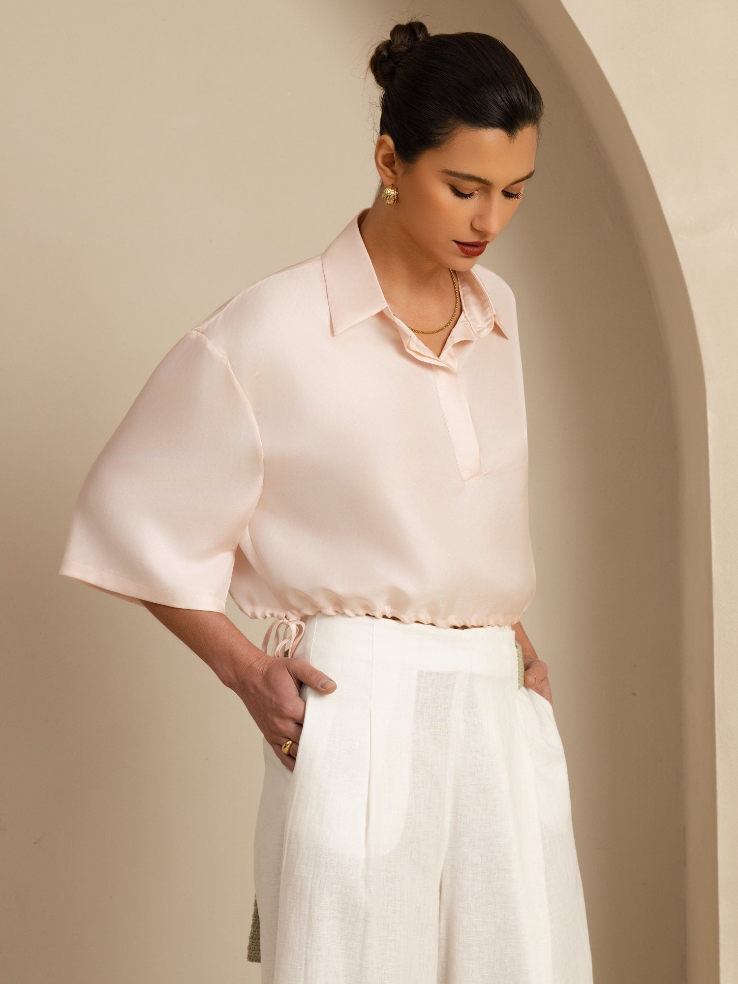 [Rosa] SilkSilky-DE 18Momme Halblange Ärmel Lapelkragen Bluse 005