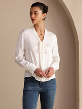 [Weiß] SilkSilky-DE Long Sleeve Tie Neck Damenblusen 005