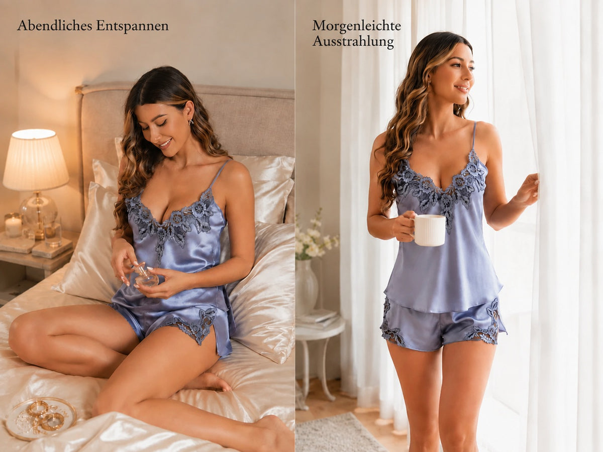 100% Maulbeerseide Camisole-Set mit Spitzenbesatz und Seitenschlitz - Detail 2