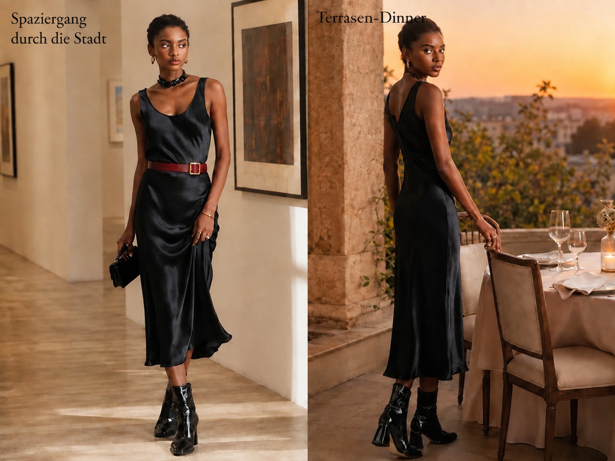 100% Maulbeerseide ärmelloses Midikleid mit U-Ausschnitt - Detail 3