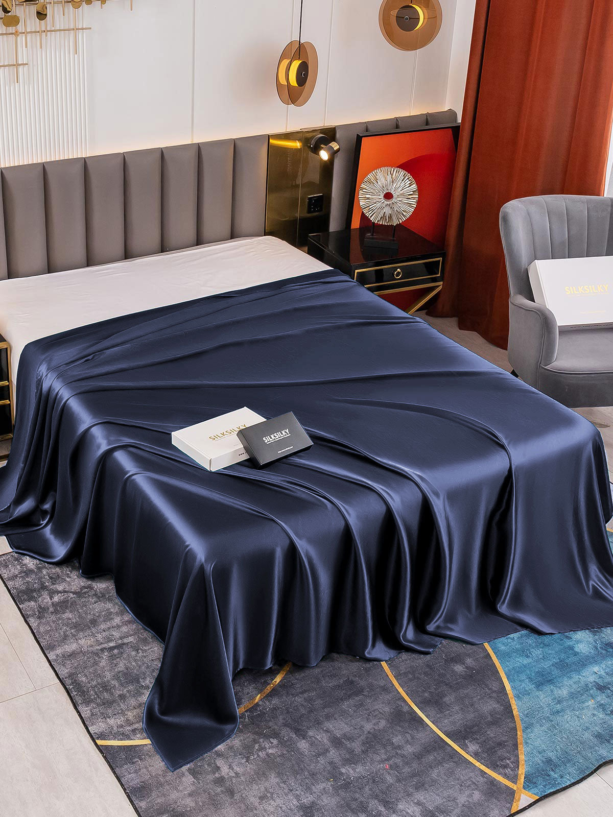 [Dunkelblau] SilkSilky-DE 19Momme Reine Seide Sheet 001