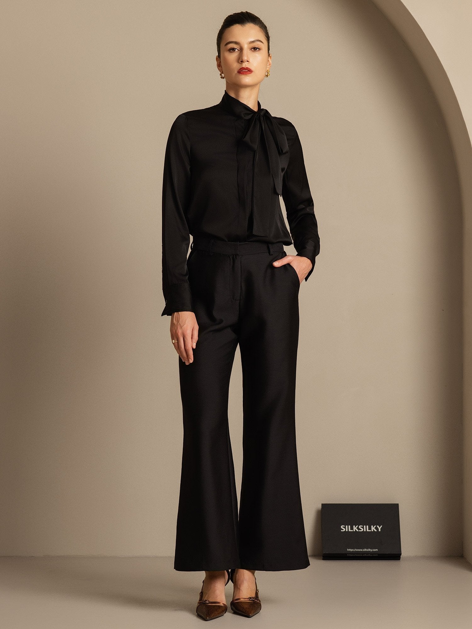 [Schwarz] SilkSilky-DE 32Momme Silk-Wool Blend Womens Pants 007,