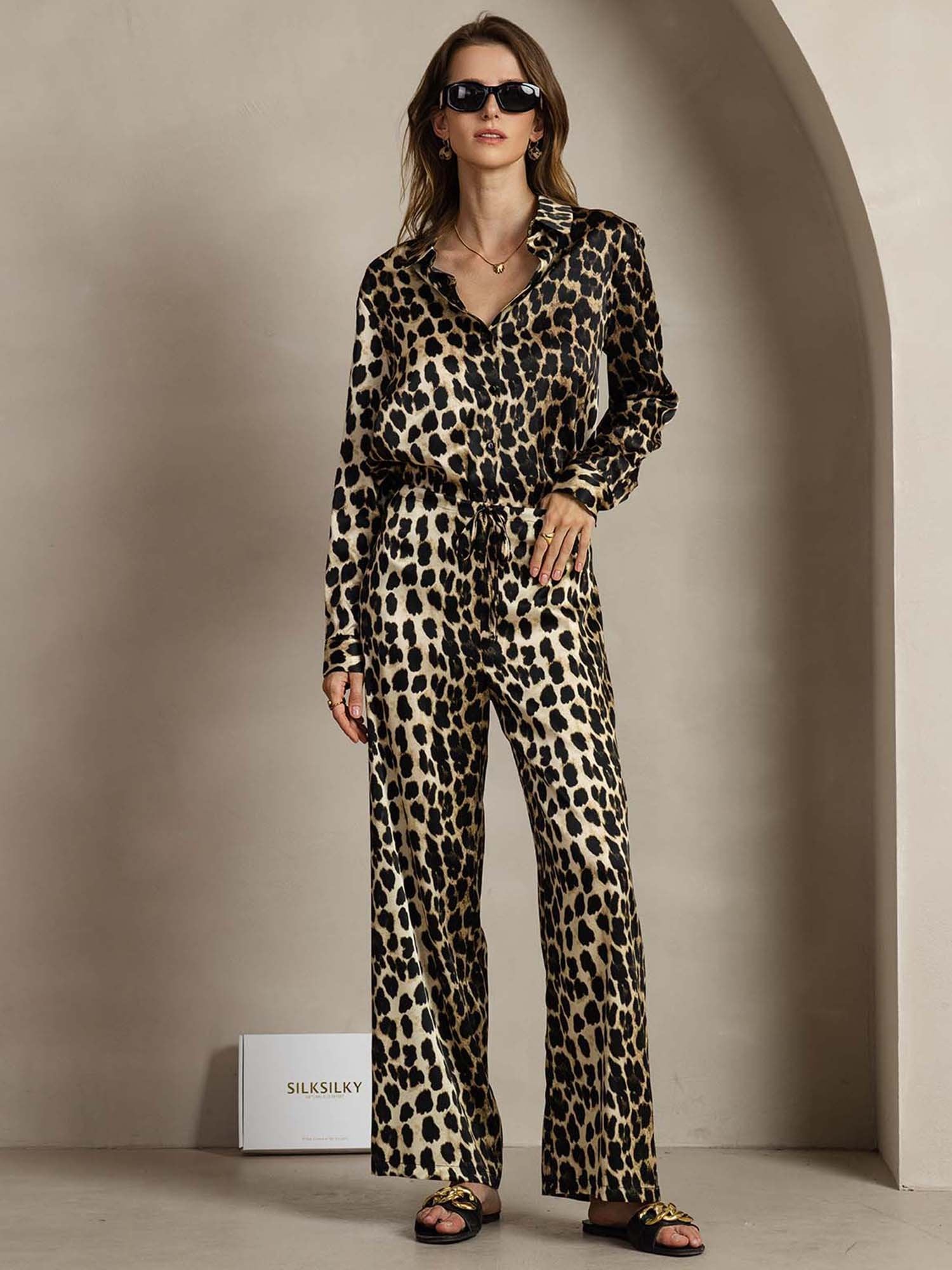 [Leopard] SilkSilky-DE 19Momme Seide Umlegekragen Women''s Outfit Sets 001