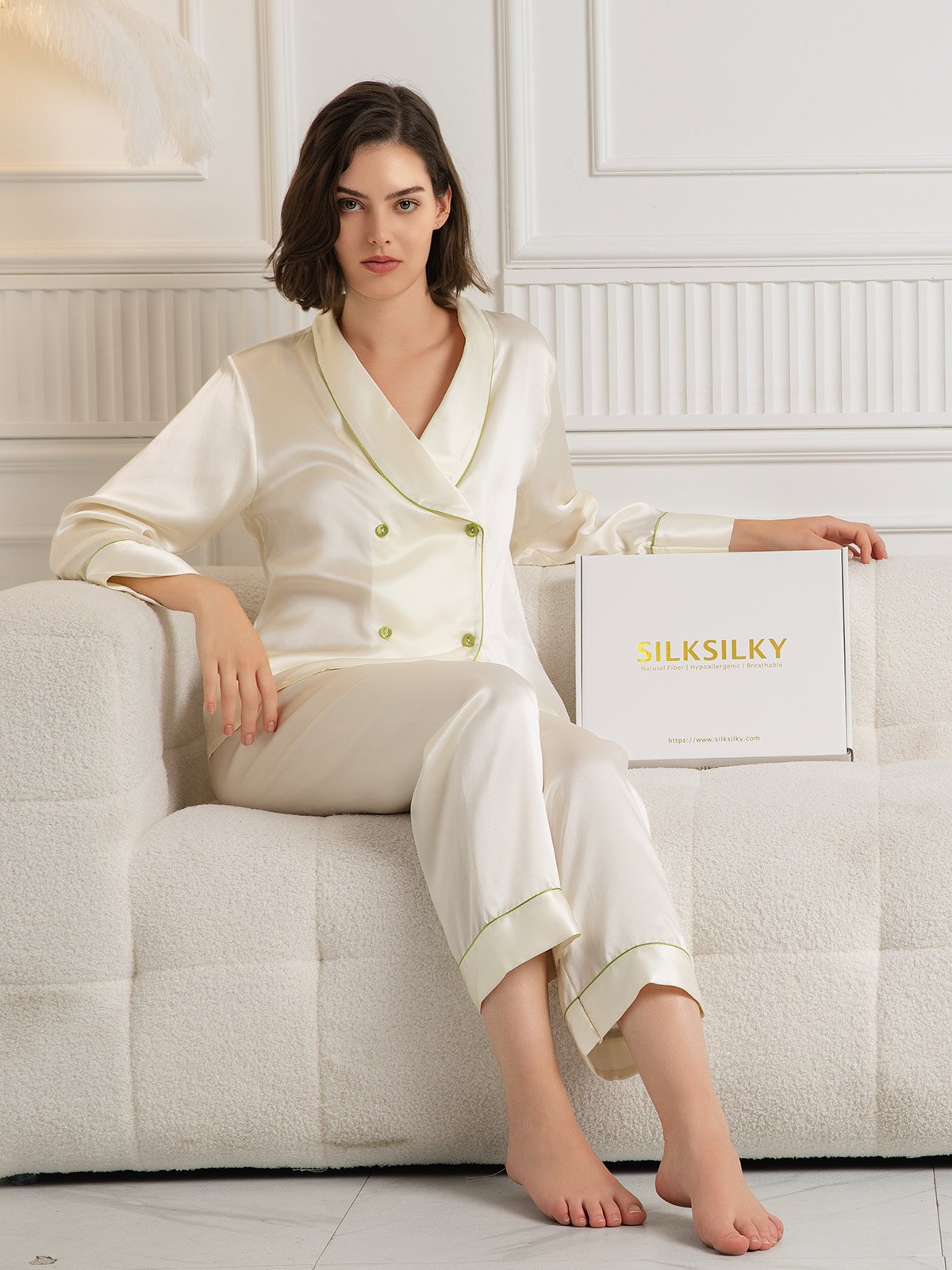 [Beige] SilkSilky-DE Reine Seide Langärmelig V Ausschnitt Damen Pyjamas 006