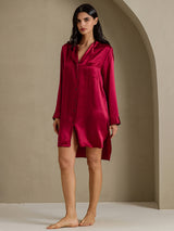 [Rotwein] SilkSilky-DE Long Sleeve Lapel Collar Schlafhemd 008