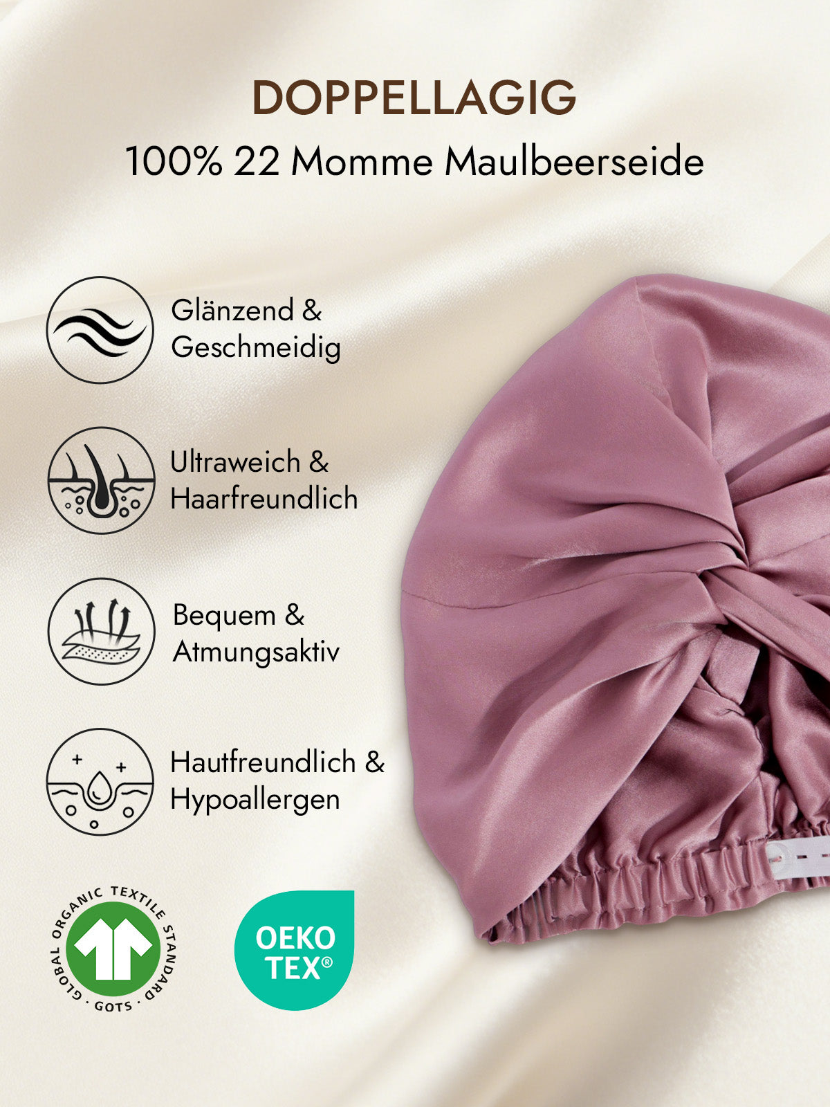 [Blasses Mauve] SilkSilky-DE 22Momme Reine Seide Sleep Cap 002