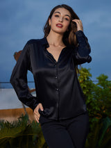 [Schwarz] SilkSilky-DE Long Sleeve Lapel Collar Damenhemd 005