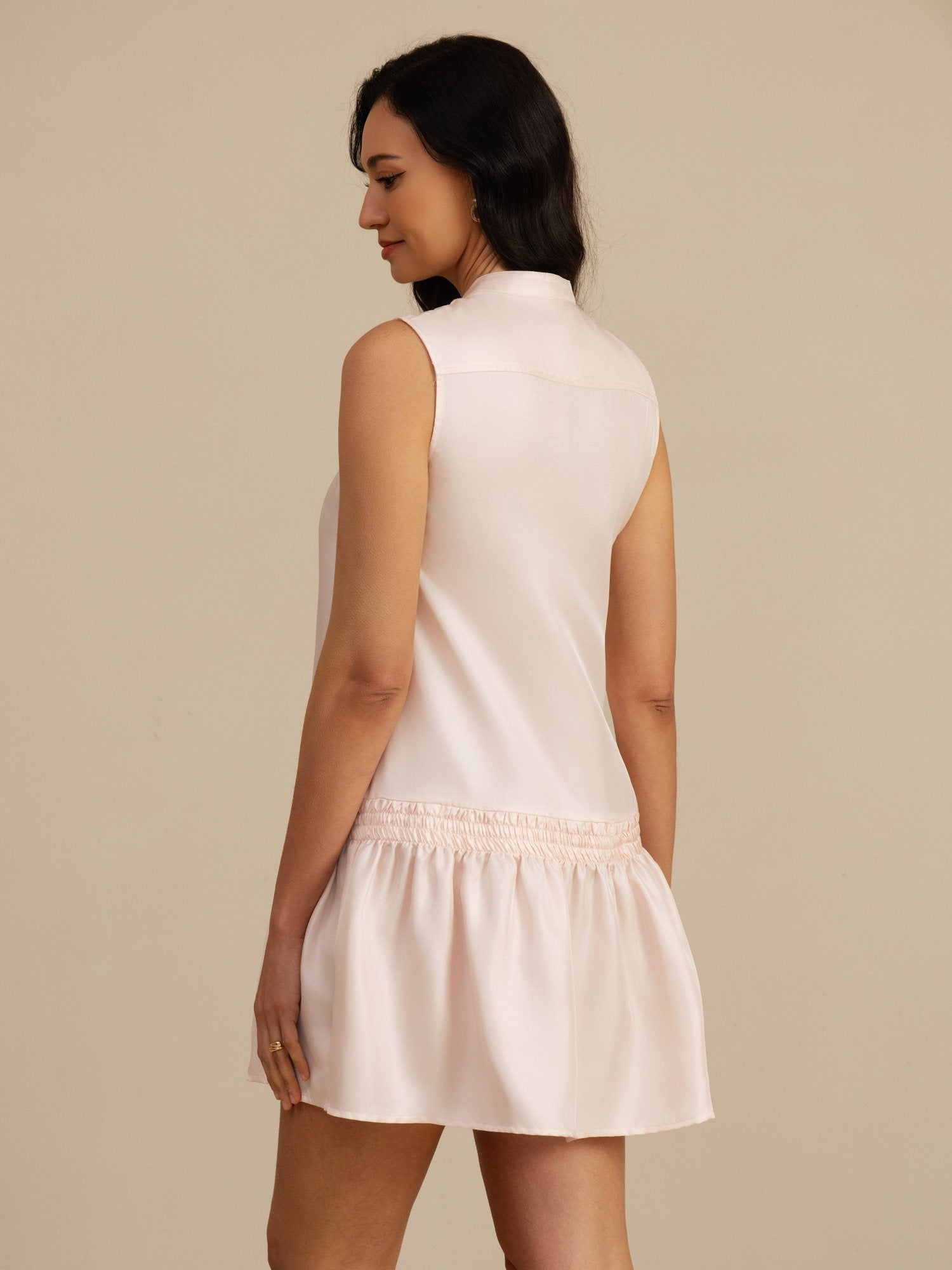 [Rosa] SilkSilky-DE 18Momme Ärmellos Stehkragen Kleider 002