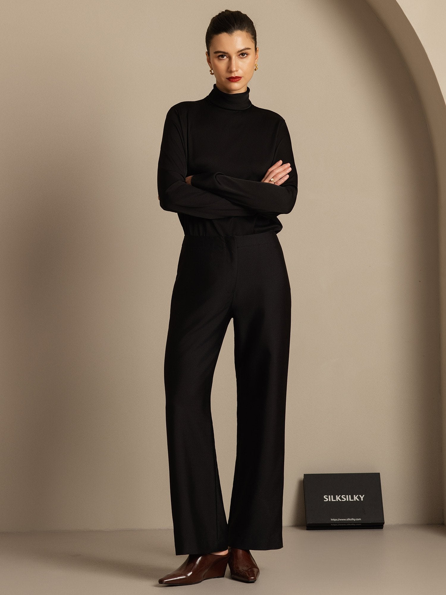 [Schwarz] SilkSilky-DE 32Momme Silk-Wool Blend Womens Pants 001,